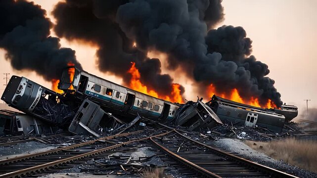 Fiery Train Wreckage with Thick Smoke and Flames