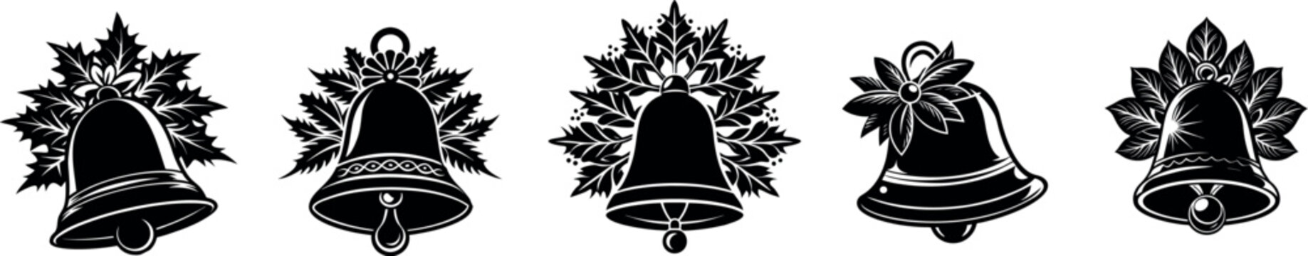 Set de campanas de Navidad en color negro. Pack de campanas decorativas navide&ntilde;as. Ilustraci&oacute;n moderna de una campana navide&ntilde;a.