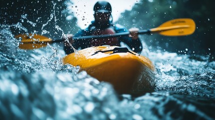 Naklejka premium A man paddles a kayak through white water rapids.