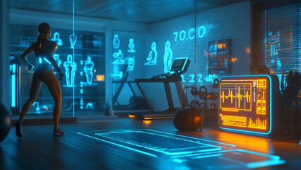 Fototapeta premium 3D Render of Athlete Exercising with Glucose Molecules for Energy