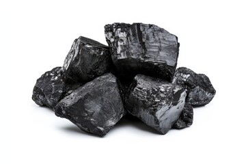Black Coal Chunks on White Background