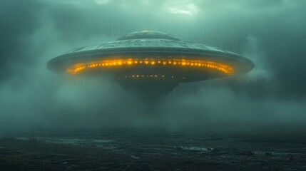 A large, yellow UFO is flying through a foggy sky