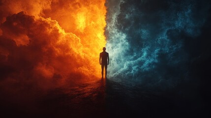 A man stands in the middle of a fiery and icy landscape