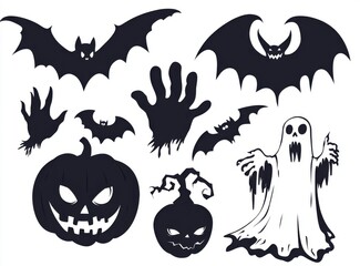 Halloween elements, hand silhouette and bat silhouettes, pumpkin with eyes, ghost vector illustration isolated on white background. Cut out icons for halloween decor design, clipart collection.