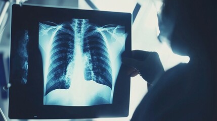 Doctor carefully examines X-ray film of patient's lungs, identifying COVID-19 complications, with medical instruments and charts in the background.