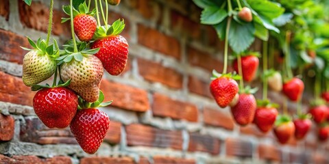 Juicy strawberries hanging near brick wall