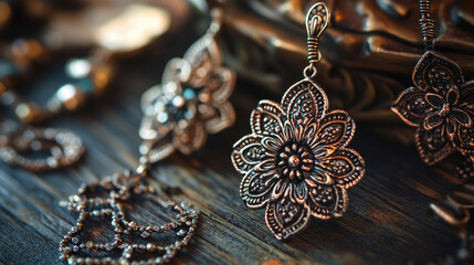 Fototapeta premium A close-up of intricate handcrafted metal earrings, with delicate details and textured surfaces, laid on a wooden table with scattered accessories in the background.