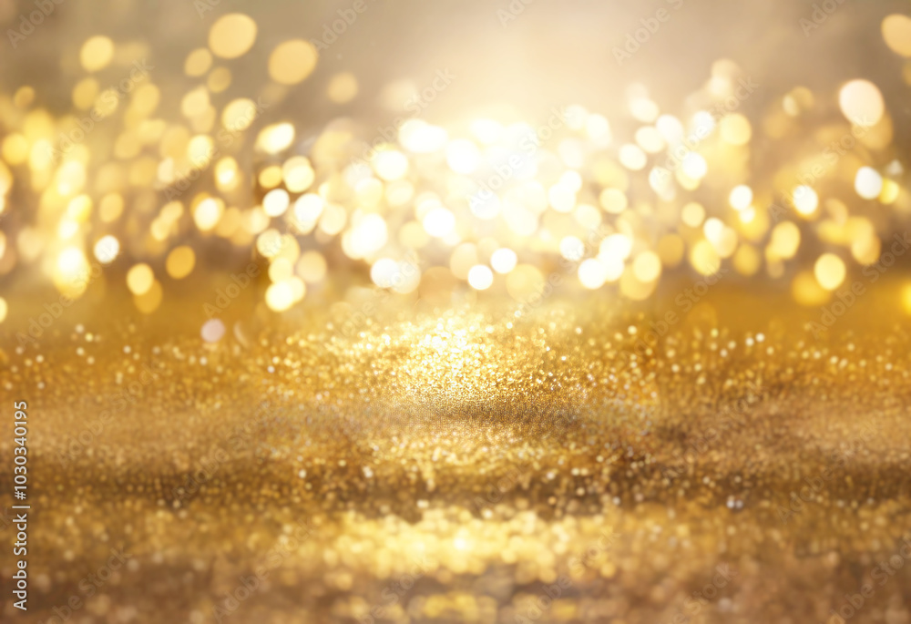 Poster a shimmering gold background with blurred out-of-focus bokeh lights.
