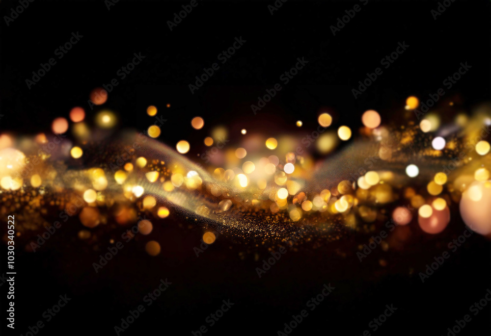 Poster a black background with a wave of gold glitter and bokeh lights.