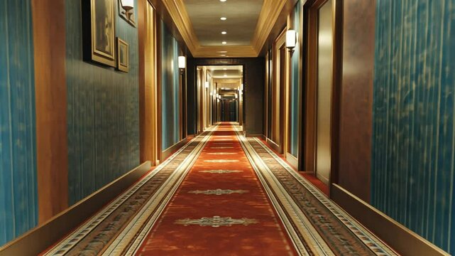 A long hallway with dark teal walls, a red carpet, and framed pictures. Doors are visible at both ends.