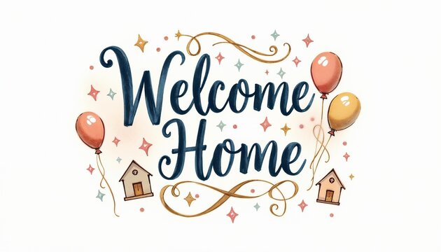 Cheerful "Welcome Home" Sign with Balloons and Houses Illustration - Powered by Adobe