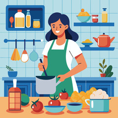 chef women cooking in kitchen vector illustration graphic design