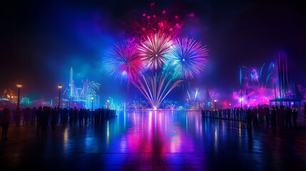 A dazzling fireworks festival lighting up the night sky with vibrant bursts of color, reflecting over a calm body of water,