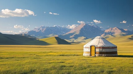 Scenic views from yurts overlooking Xinjiang expansive grasslands and distant mountain ranges