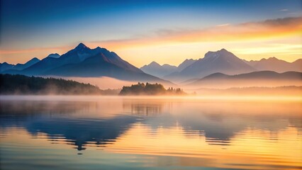 Misty mountain range at dawn with layers of mountains fading into the distance and a calm lake in the foreground extreme close-up