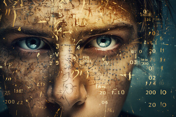 Young scientist face math formula generative AI illustration background