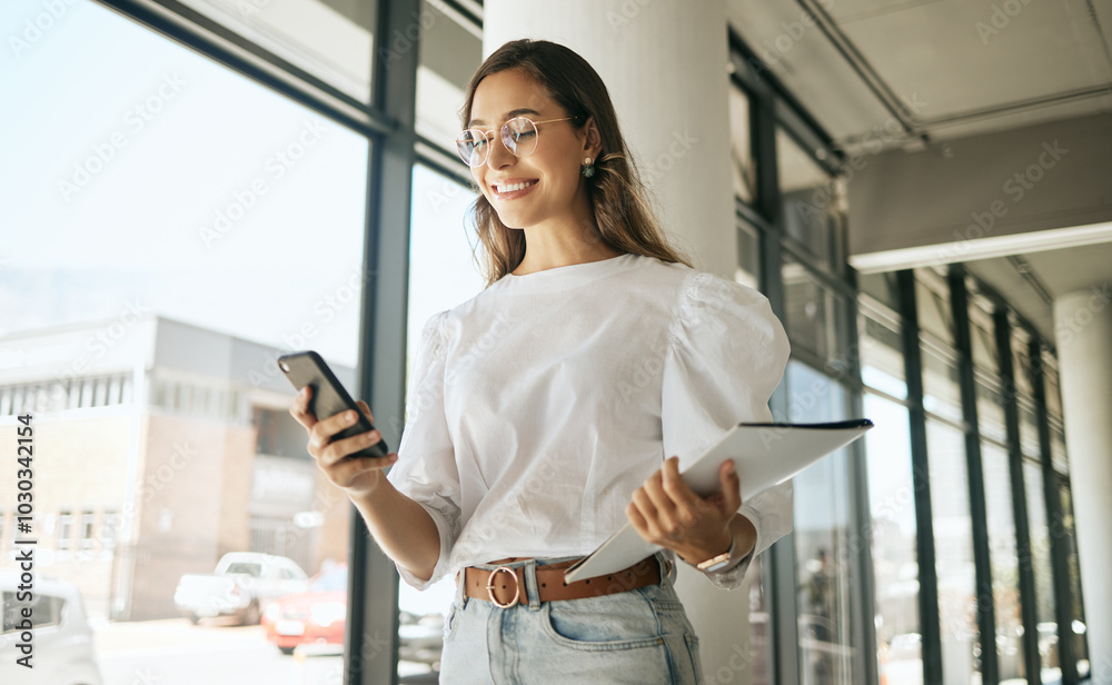 Poster Business woman, folder and smile with phone in office for text message, checking notifications and networking. Professional, employee and happy with smartphone at workplace for communication or email