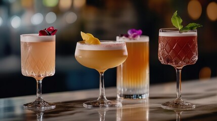 Signature cocktails in an upscale bar setting, with each drink designed to reflect the personality of the bar, showcasing unique glassware and creative garnishes