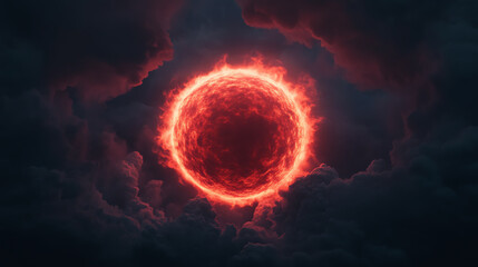 Obraz premium An artistic representation of a glowing red solar object surrounded by dark clouds, creating a dramatic and intense atmosphere.