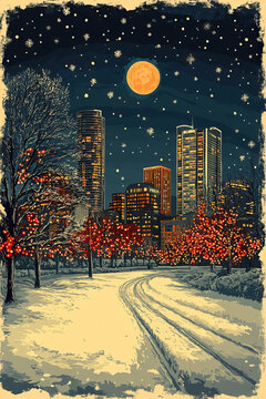 Austin, Texas, classic traditional Christmas wood block print effect. Woodblock Xmas theme printing. Graphic designed, illustration for travel poster, card, wallpaper, backdrop or banner