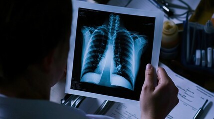 Doctor carefully examines X-ray film of patient's lungs, identifying COVID-19 complications, with medical instruments and charts in the background.