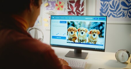 Close up of man typing text prompt in AI video generator on computer. PC screen shows AI generated...