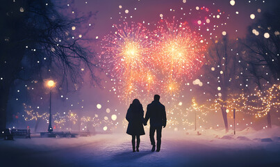 Fototapeta premium New Year's Eve Moments: Families, Couples, Teenagers, and Business Professionals Celebrating Together with Fireworks, Festive Dinners, Gift Exchanges, and Winter Scenes