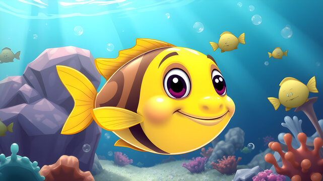 A cartoon fish with a big smile on its face is swimming in a coral reef with oth