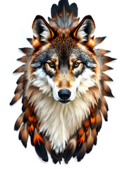 Naklejka premium A wolf with brown and orange fur and feathers on its head