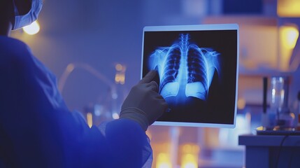 Doctor carefully examines X-ray film of patient's lungs, identifying COVID-19 complications, with medical instruments and charts in the background.