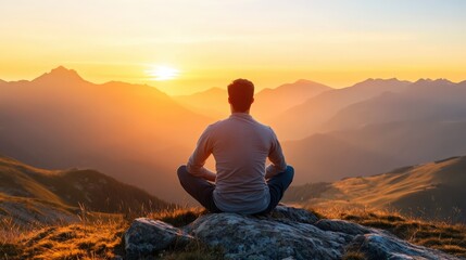 Man meditating yoga at sunset mountains Travel Lifestyle relaxation emotional concept adventure summer vacations outdoor harmony with nature