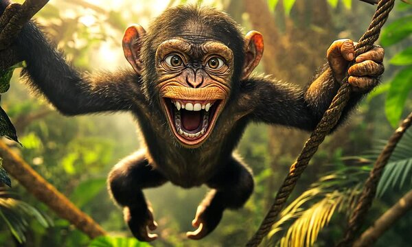 A chimpanzee swings from a vine, grinning widely with its teeth showing.