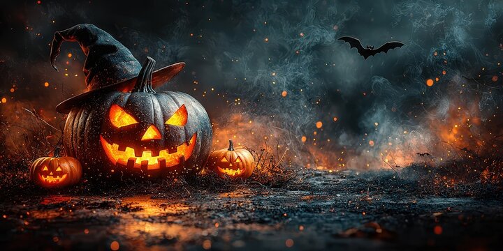 Halloween background with pumpkins, witch hat, and lanterns on a dark gray wall with copy space. Halloween concept 