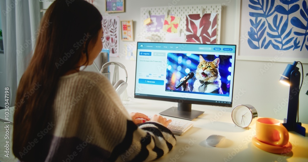 Fototapete girl types prompt in ai image generator on computer. pc screen shows artificial intelligence generat