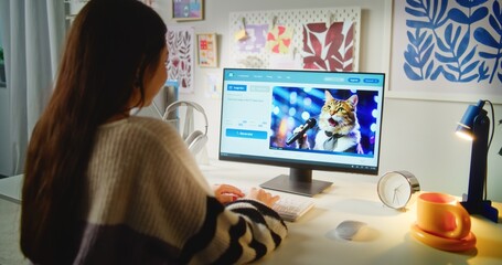 Girl types prompt in AI image generator on computer. PC screen shows artificial intelligence...