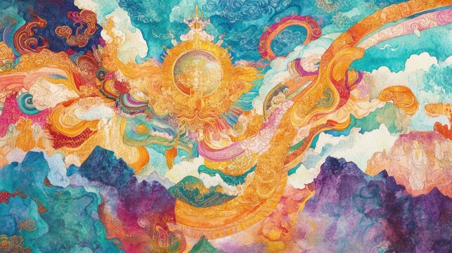 Tibetan Thangka watercolor depicting detailed religious imagery, with vibrant colors and traditional Tibetan iconography