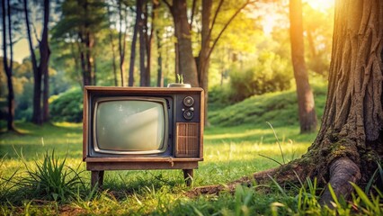 Landscape with green plants illuminated by the background trunk of a tree, retro TV on the grass, aerial view