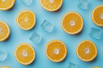 Fototapeta premium Orange slices and ice cubes with water droplets on a bright blue background Generative AI