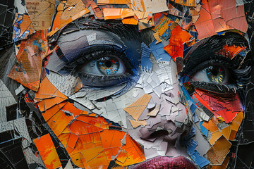 Fashionable Generative AI illustration image female facial collage many colorful elements trend puzzle