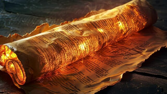 A glowing scroll rests on a worn piece of parchment on a wooden table