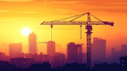 Tower crane silhouetted against a bright sunset sky, with the skeletal structure of a skyscraper being erected below