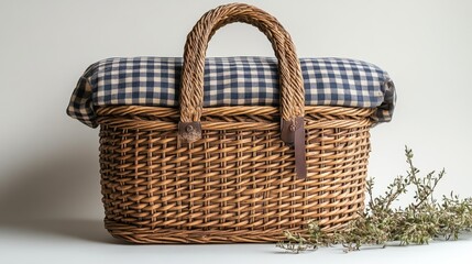 Wicker Picnic Basket Mockup – Classic Woven Design with Checkered Cloth Cover. Generative AI