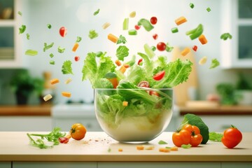 Vegetables falling into cooking pot on table in kitchen.