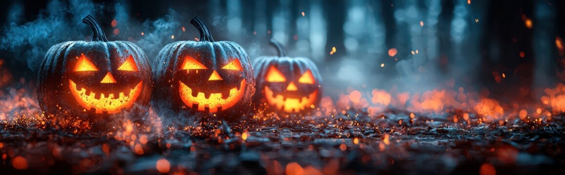 Halloween pumpkins with glowing faces on a wooden background, a Halloween concept banner design. A horror and mysterious night scene 