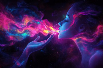 Dreamlike scene of a person releasing colorful nebula like energy from their hands representing imagination creativity and the ethereal beauty of the universe