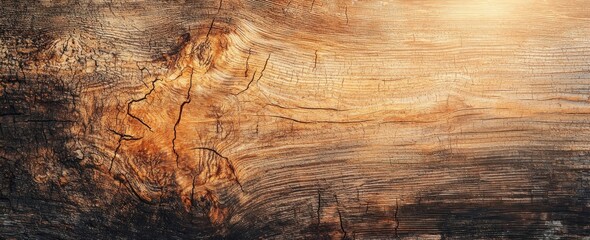 Naklejka premium Close-up of a weathered wooden surface with cracks and warm sunlight highlighting the wood grain Generative AI