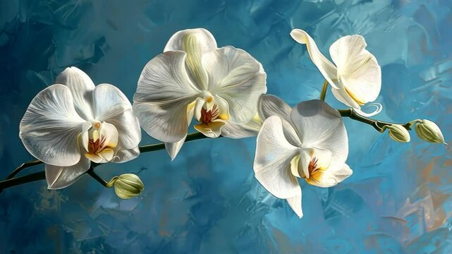 White orchids bloom against a vibrant blue backdrop