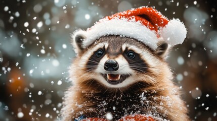 Fototapeta premium Cute cozy racoon enjoys snowy winter Christmas banner. Cute happy pet portrait. Seasonal banner design with place for text.