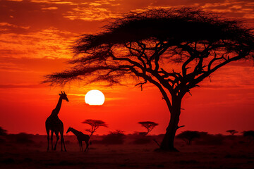 Acacia tree, sunset and giraffes in silhouette in Africa
