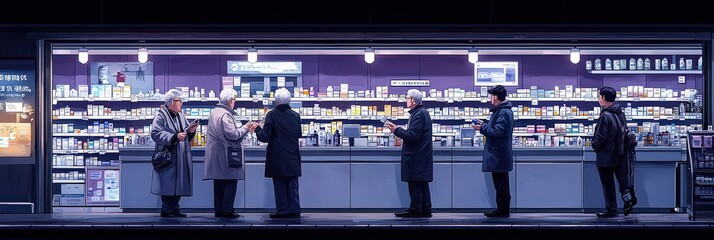 Illustration of an elderly couple and two men standing in line at the pharmacy, talking to their pharmacist employee while they hold medicine bottles